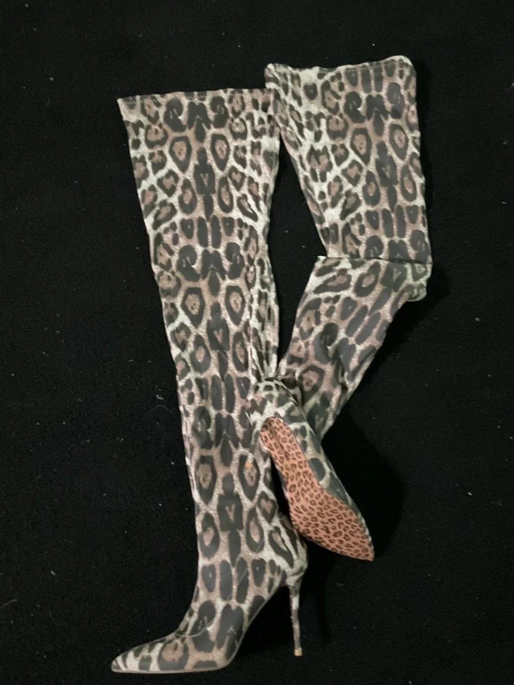 Leopard Print Pointed Toe Stiletto Boots - Black & Gold